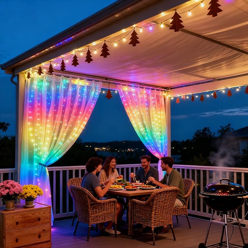 300LED Fairy Curtain Lights, 9.8x9.8Ft Warm White USB Plug in 8 Modes & Timer Christmas String Hanging Lights with Remote for Bedroom Indoor Outdoor Weddings Party Wall Decorations(rainbow)