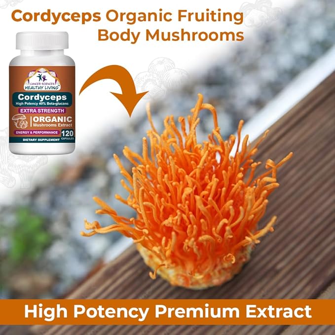 Cancer Sciences Cordyceps Mushroom Supplement Capsules - 1,500mg Organic Mushroom Complex for Wellness, High Potency 40% Beta-Glucans, Immune Support Supplement for Energy & Stamina Booster, 120 Count