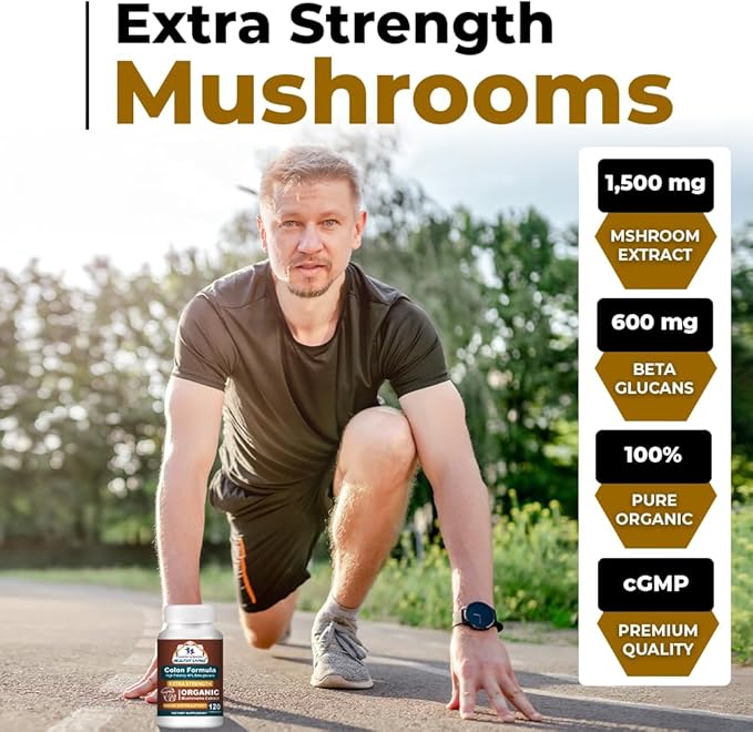 Cancer Sciences Colon Wellness Supplement, USDA Certified Organic Mushrooms Extract, Extra Strength 1,500 mg, High Potency 40% Beta-Glucans, Immune, Gut & Digestive, Colon Cleanse & Detox, 120 Caps