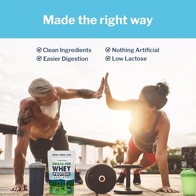 Opportuniteas Grass Fed Whey Isolate Protein Powder - Unflavored 28g Protein Powder Without Artificial Sweeteners, Hormone-Free Cows, Non GMO - 1lb