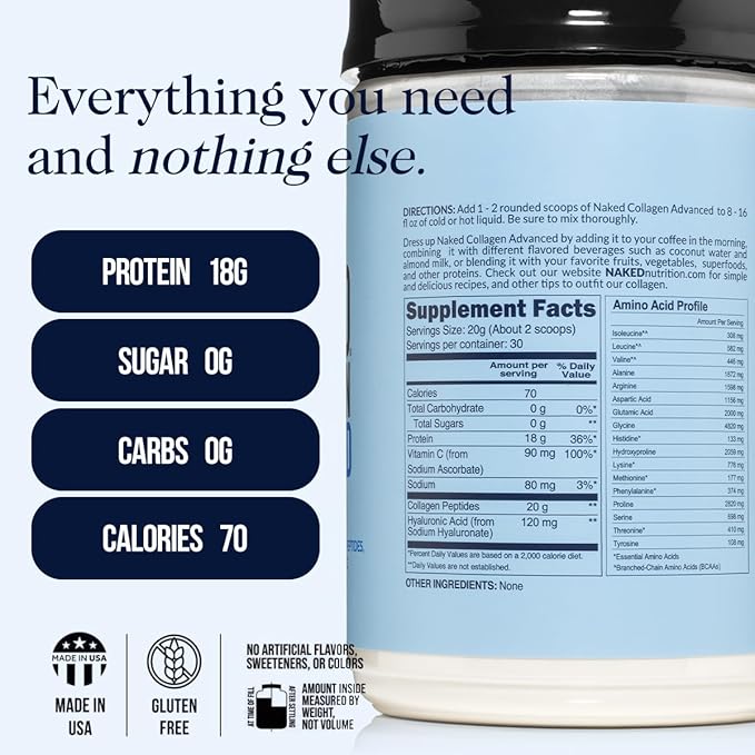 NAKED Collagen Advanced - Peptides Protein Powder, Hyaluronic Acid, Vitamin C, Pasture-Raised, Grass-Fed Hydrolyzed Collagen Supplement, Paleo Friendly, Non-GMO, Keto, Gluten Free, 21oz - 30 Servings