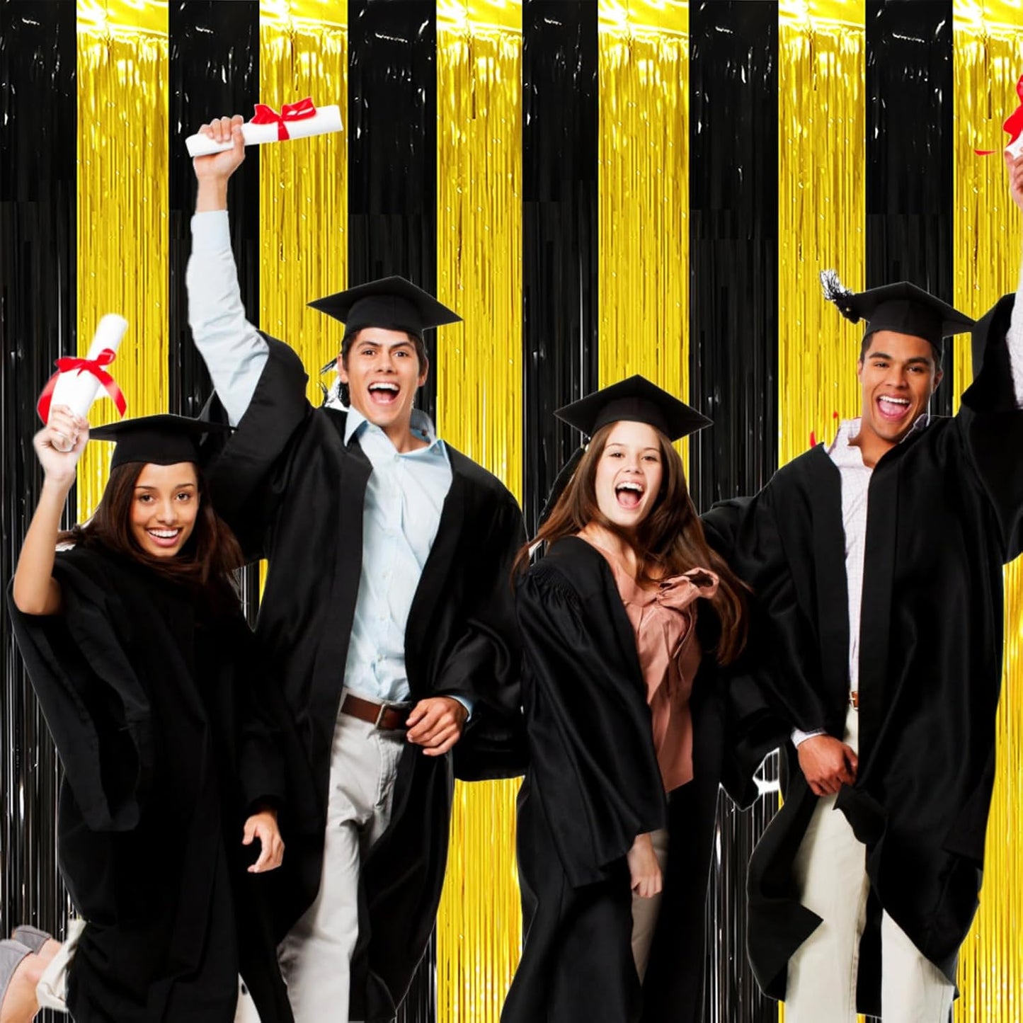 2 Pack Black and Gold Tinsel Foil Fringe Curtains, Black and Gold Party Decorations, Metallic Tinsel Party Streamers Backdrop for 2025 New Years Graduation Prom Party Decorations