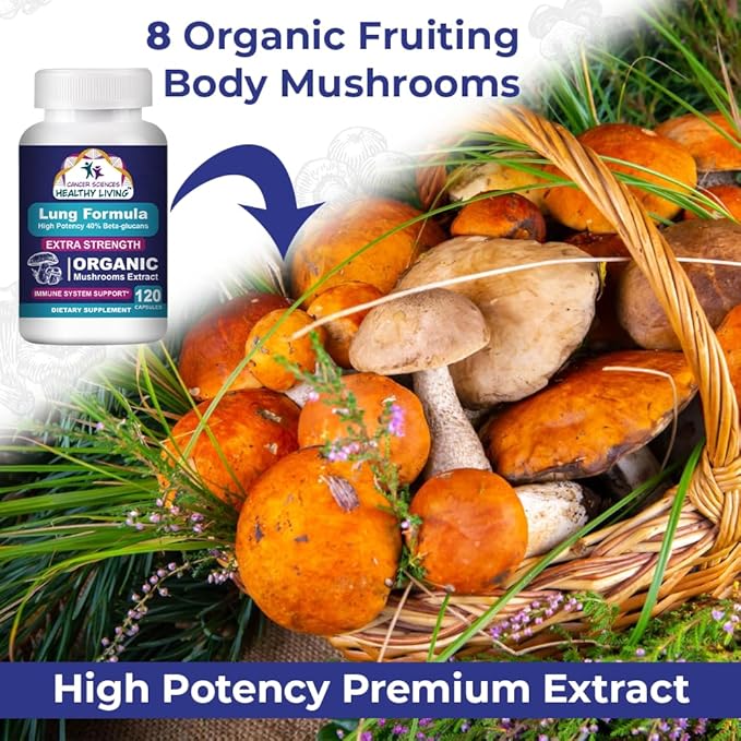 CANCER SCIENCES Lung Health & Wellness Supplement, USDA Certified Organic Mushrooms Extract, 1,500 mg Extra Strength, High Potency 40% Beta-Glucans, Immune Support, Healthy Lungs Booster, 120 Capsules