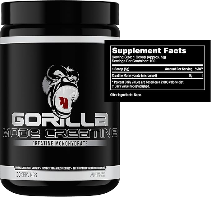 Gorilla Mind Creatine Monohydrate Micronized Powder, Improved Muscle Size, Power Output and Strength, 5 Grams per Serving, 100 Servings
