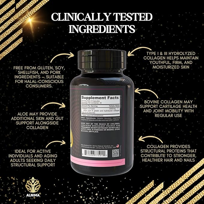 Collagen Peptides Complex – 3000mg Hydrolyzed Type I & III Collagen with Aloe Vera – Halal Certified – Skin, Hair, Joint & Bone Support – 120 Capsules – Made in USA