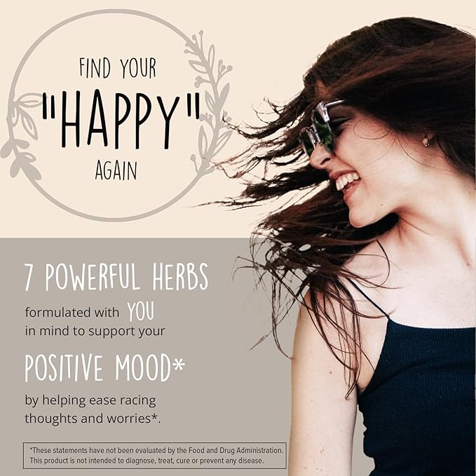 Joy-Filled Mood Support Supplement - 7 Herb Complex w/St. Johns Worts (120 Ct) | Stress Relief Supplement with Rhodiola Rosea, Eleuthero | Helps Calm The Mind & Body | 100% Plant-Based Happy Pills