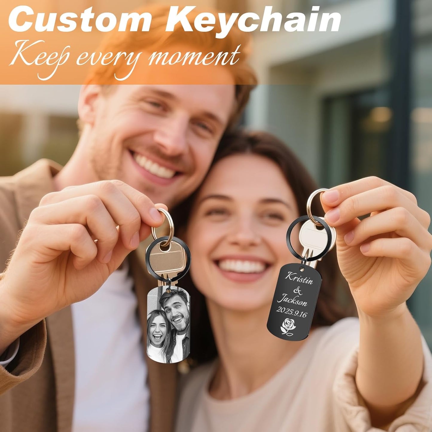 Custom Keychain with Picture, Personalized Photo Keychain with LOGO Text, Customized Gifts for Boyfriend Couple