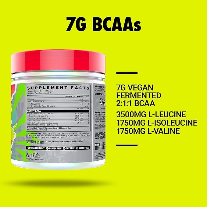 GHOST BCAA Powder Amino Acids Supplement, Kiwi Strawberry - 30 Servings - Sugar-Free Intra, Post & Pre Workout Amino Powder & Recovery Drink, 7G BCAA