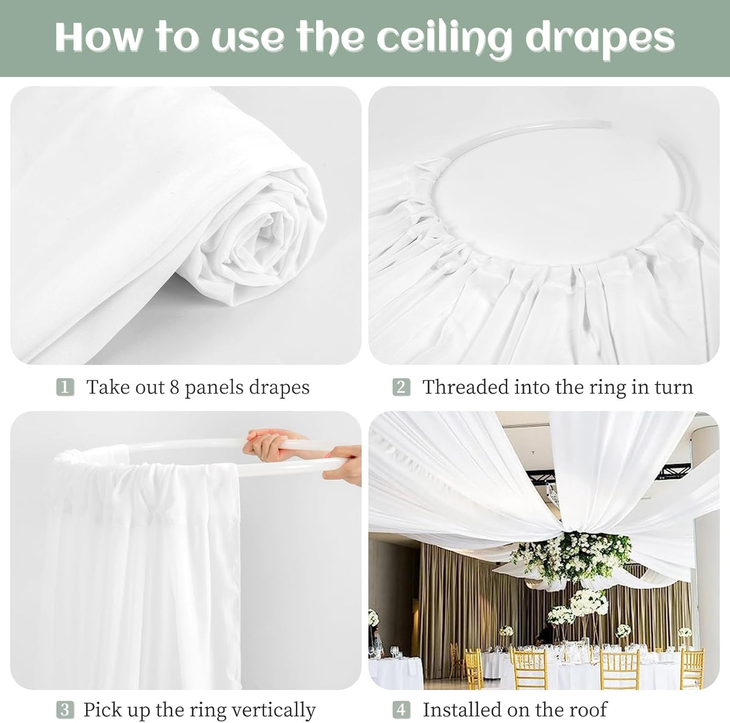 8 Panels White Ceiling Drapes 5ftx20ft Wedding Ceiling Drapes Chiffon Fabric Arch Draping Sheer Curtains Soft Drapery Draping Wedding Ceiling Decorations for Party Ceremony Stage Swag
