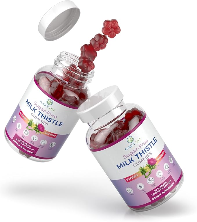 Sugar-Free Milk Thistle Gummies for Liver Cleanse Detox & Repair (Natural Blueberry-Raz Flavor) Cardo Mariano, Cleansing Milk Thistle Extract & Antioxidant Support, Vegan, Replaces Pills & Capsules