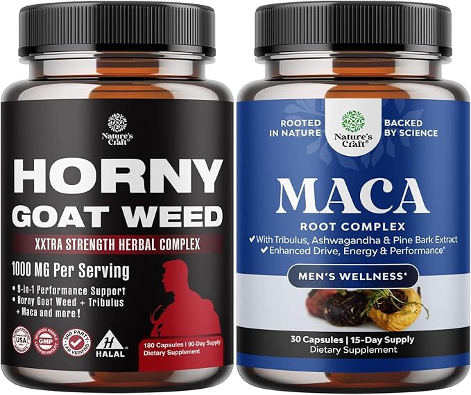 Bundle of Horny Goat Weed for Male Enhancement for Stamina & Energy and Black Maca Root Capsules for Men - Herbal Enhancement Supplement for Men