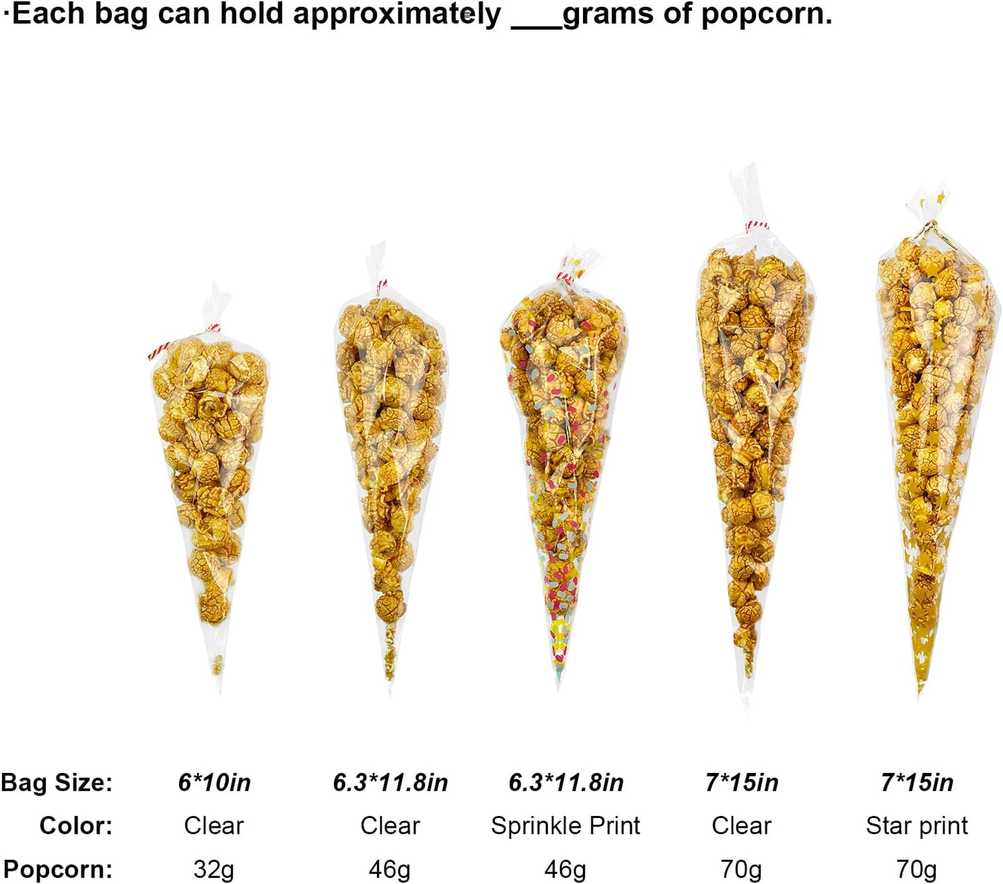 EKAPACKAGING 50Pcs Star Print 7x15 Inches Cone Shaped Treat Cellophane Bags Twist Tie Triangle Christmas Party Favor Cotton Candy Bags With Ties For Popcorn, Chocolates, Ice Cream Cone