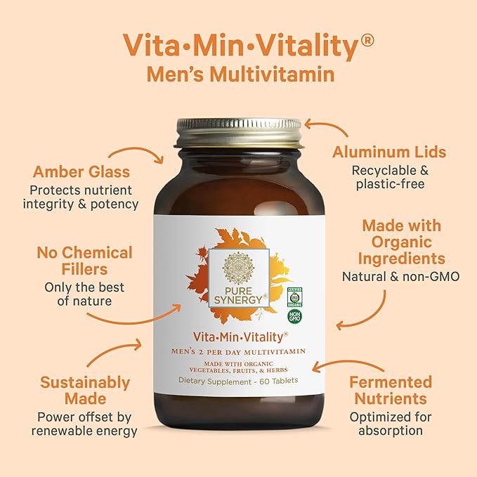 PURE SYNERGY Vita·Min·Vitality | Natural Multivitamin for Men | Men’s Daily Multivitamin Made with Organic Whole Foods | for Energy, Stress, and Immune Support (60 Tablets)