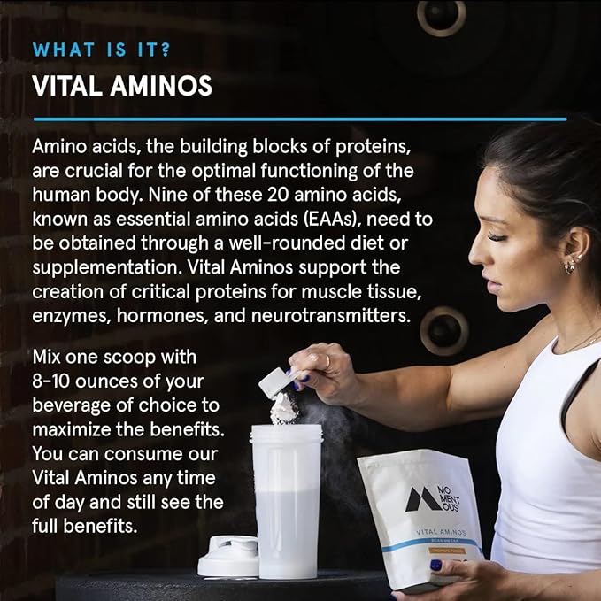 Momentous Vital Aminos Powder Supplement - BCAA & EAA - Tropical Punch - NSF Certified for Sport - GMO- & Gluten-Free - 30 Servings - Package May Vary