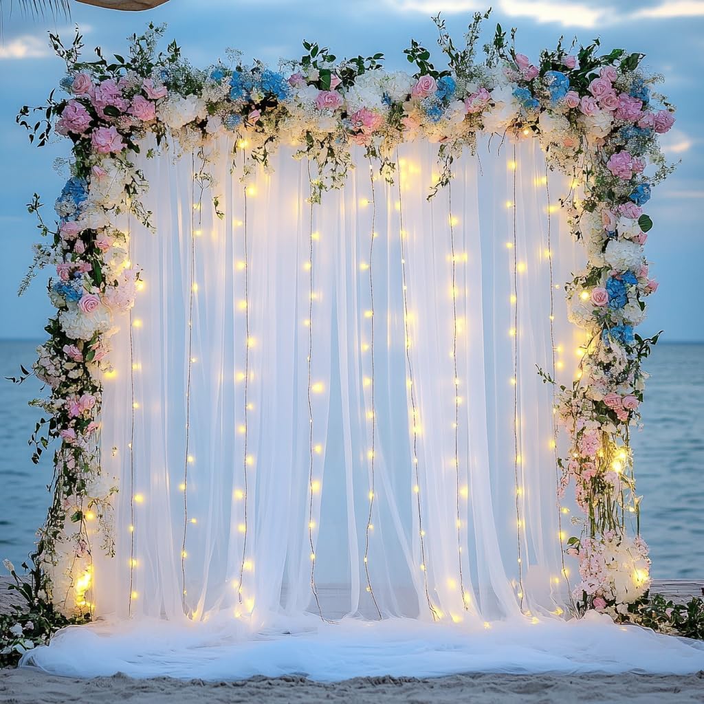 Tulle Backdrop Curtain with Lights String 20 X 10FT White Sheer Tulle Backdrop Curtains for Wedding Birthday Party Reception Photo Booth Background Decorations (4 Panels 5x10FT)