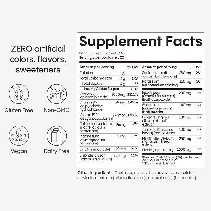 Hydralyte Liver Support + Electrolyte Mix with Milk Thistle, Turmeric, Ginger, Prickly Pear, Green Tea Extract Formulated for Rapid Rehydration (Blood Orange Ginger, 20 Packets)