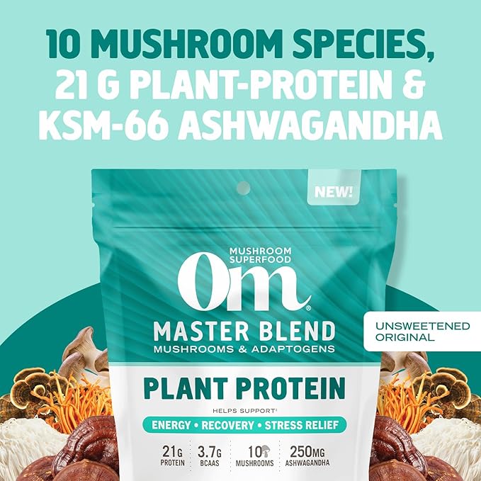 OM MUSHROOM SUPERFOOD Master Blend Mushroom Plant-Based Protein, 16 Servings Unsweetened Original, Unsweetened Plant-Based Protein with 10 Mushrooms & Adaptogens, GLP-1 Support
