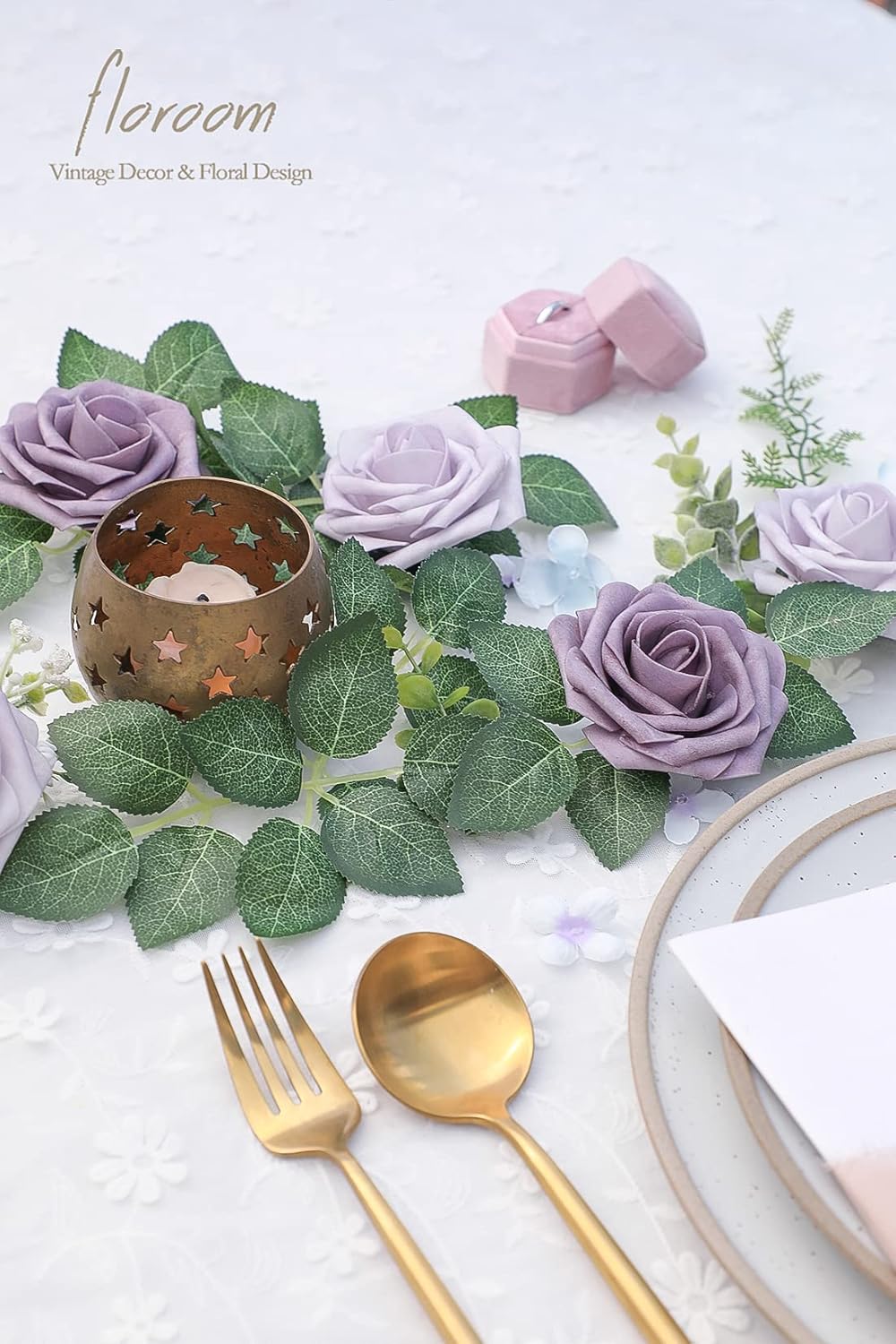 Floroom Artificial Flowers 50pcs Real Looking Lavender African Violet Purple Foam Fake Roses with Stems for DIY Wedding Bouquets Bridal Shower Centerpieces Floral Arrangements Party Tables Decorations