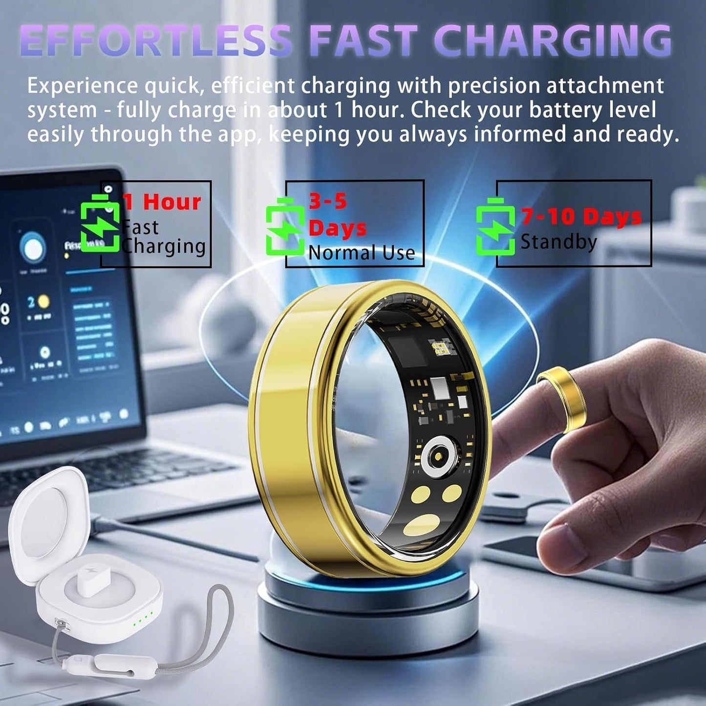 Activity Tracker Ring for Men Women – Smart Health Ring with Heart Rate, SpO2, Blood Pressure, Sleep Monitoring, Step & Calorie Counter, 5ATM Waterproof, No Subscription Fee (Gold 9)