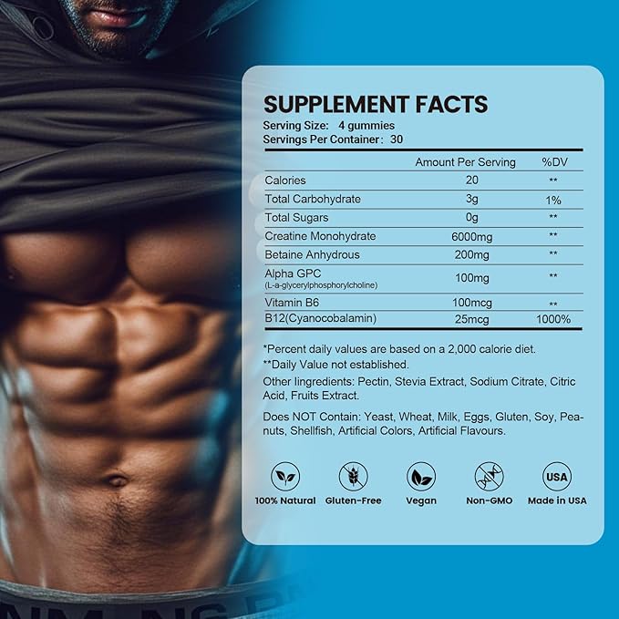 Creatine Monohydrate Gummies 6g for Men & Women, Potent Creatine Supplement, Chewables Creatine for Energy Boost, Increase Strength and Build Muscle, Gluten-Free, Sugar Free,120 Count