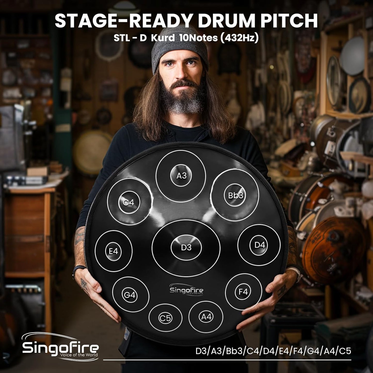 "SINGOFIRE" Handpan Drum, Handpan Drums for Adults, 22-Inch 432Hz D Minor Kurd Handpan, HandPan Instrument (Black-10Notes(432HZ), 22-Inch)