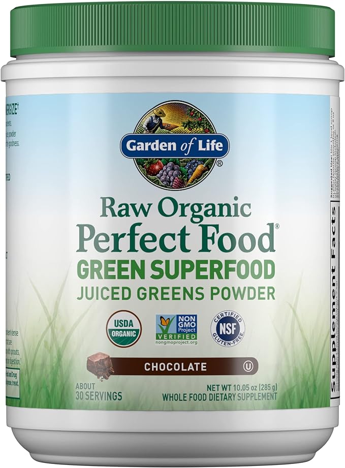Garden of Life Raw Organic Perfect Food Green Superfood Juiced Greens Powder - Chocolate, 30 Servings - Non-GMO, Gluten Free, Vegan Whole Food Dietary Supplement, Plus Probiotics & Enzymes