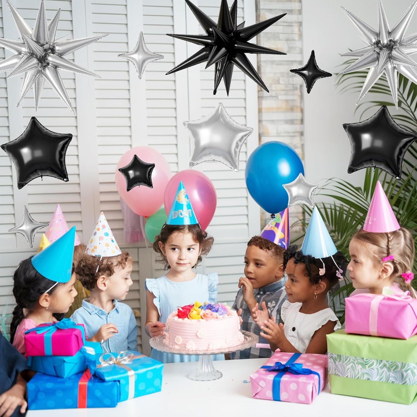 16 Pcs Black Silver Star Balloons,22/18/10 Inch Foil Balloons, Four-Pointed Balloon for Birthday Graduation Anniversary Wedding Baby Shower Party Decorations