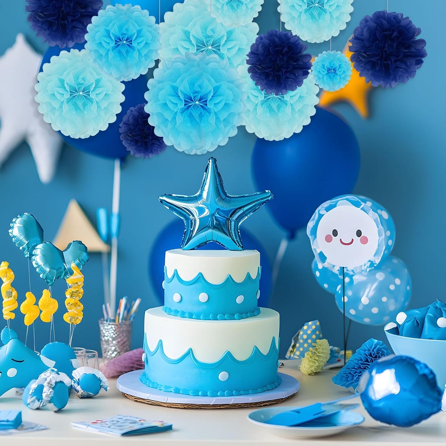 Tissue Paper Pom Poms, Blue Tissue Paper Flowers, Hanging Flower Balls for Weddings Fiesta Parties Birthday Baby Showers Classroom Bridal Shower Decoration (18Piece Set-6/10/12/14Inch)