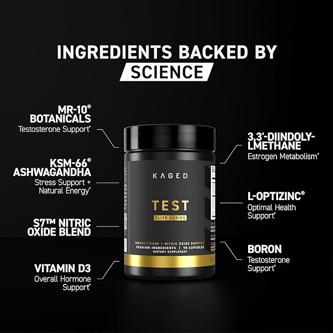 Kaged Test Elite Capsules | Unflavored | Testosterone Booster Ferodrox | Premium Hormone Managment | MR-10, KSM-66 Ashwagandha, S7 Nitric Oxide Booster | Supplements for Men & Women | 30 Servings