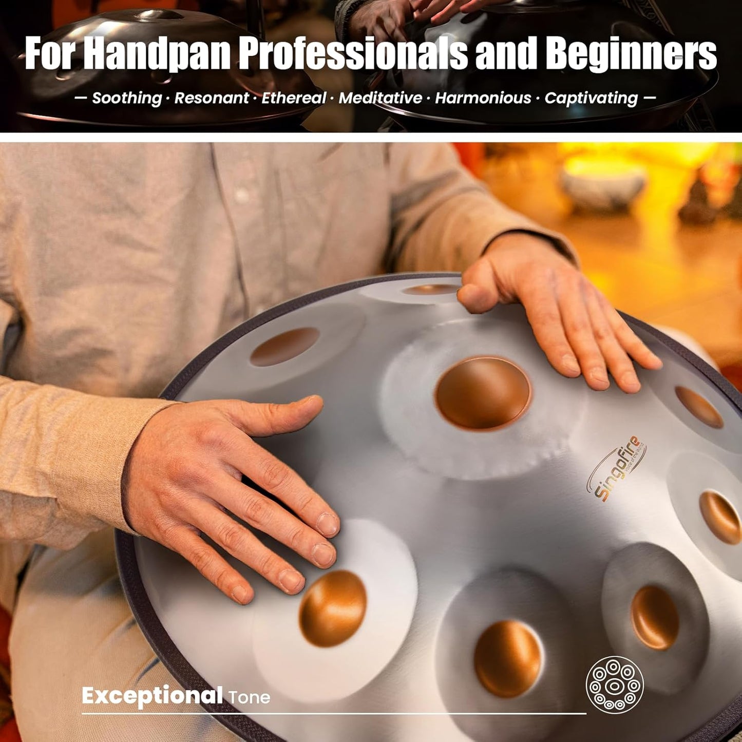 "SINGOFIRE" 10-Notes Handpan Drum, Handpan Drums for Adults, 22-Inch 440Hz D Minor Kurd Handpan, HandPan Instrument with Soft Handpan Bag, 2 Mallets, Handpan Stand and Dust-Free Cloth(Gold Eye)