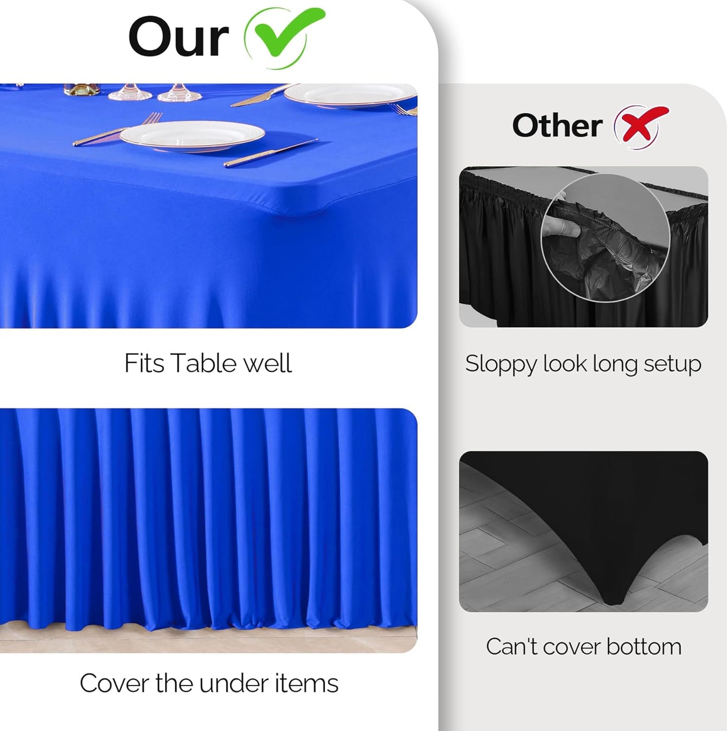 Wish Care 2 Pack Royal Blue Spandex Table Clothes for 8 Foot Rectangle Tables, 8FT Wrinkle Free Fitted Tablecloths Ruffles Design Table Cloth for Party, Banquet, Wedding and Events