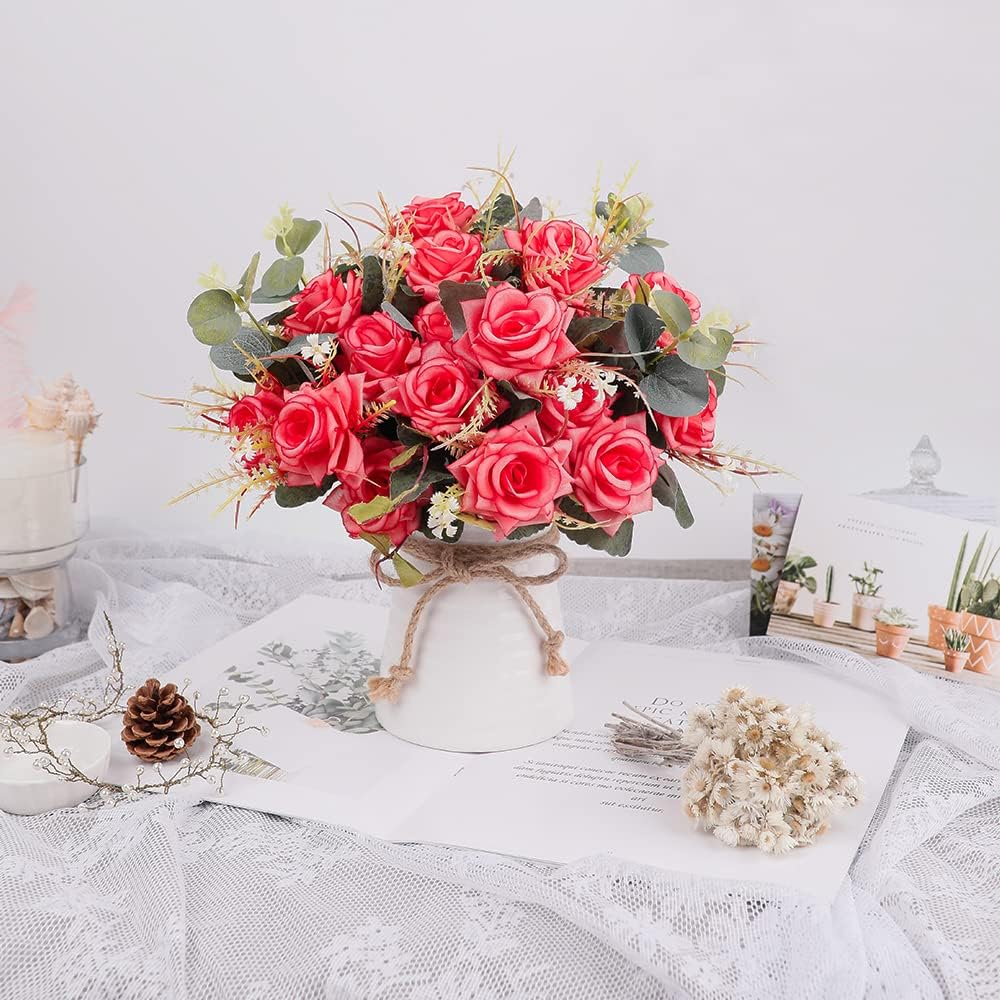 LESING Artificial Rose with Vase,Fake Silk Flowers Bouquets in Vase Table Centerpiece Arrangement for Kitchen Living Room(Red-1)