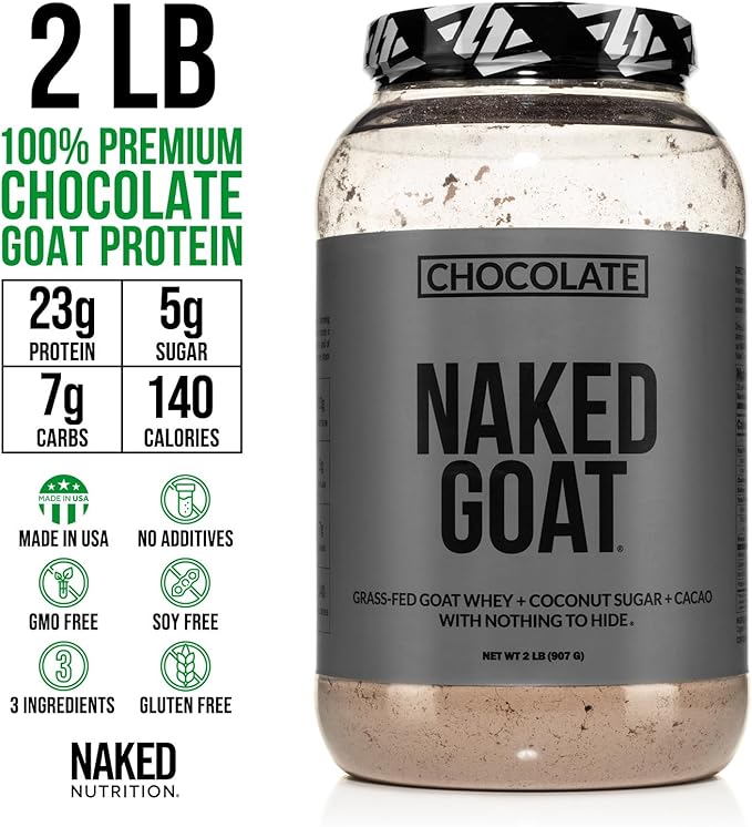 NAKED Goat Chocolate Protein Powder - Pasture Fed Goat Whey Protein Powder from Small-Herd Dairies - Only 3 Ingredients - GMO Free, Soy Free - All Natural - 23 Grams of Protein - 25 Servings