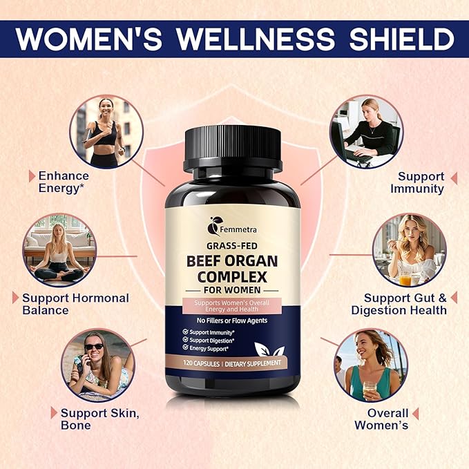 Female-Optimized Beef Organ Complex Superfood Supplement, Beef Liver, Kidney, Heart, Uterus & 6 More, Balance Hormones, Energy & Women's Overall Wellness, with Milk Thistle, Zinc, Grass-Fed, 60 Day