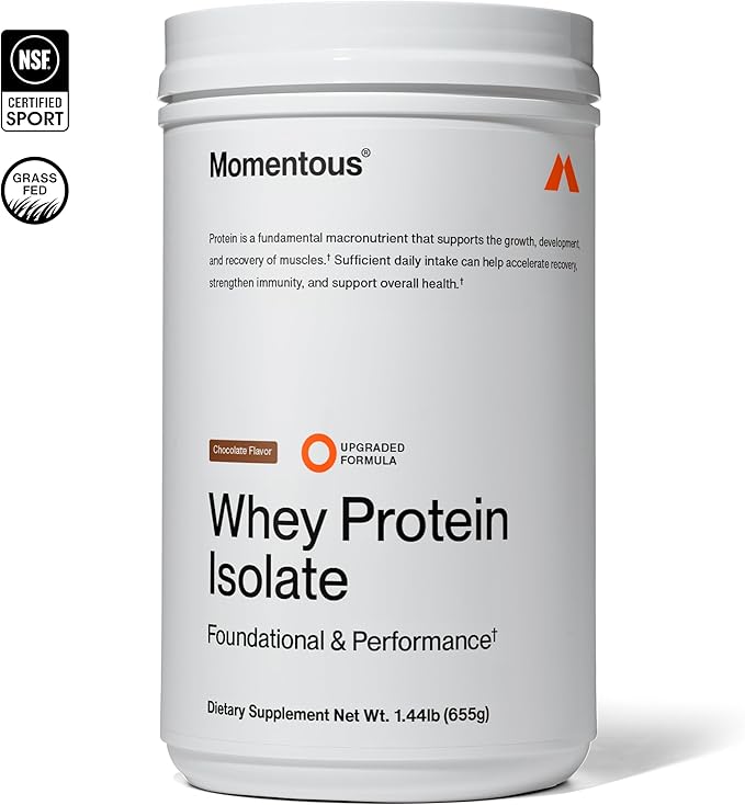 Momentous Essential Grass-Fed Whey Protein Powder - 20 g Whey Isolate Protein - NSF Certified for Sport - Gluten-Free - 24 Servings for Essential Everyday Use - Chocolate - Package May Vary