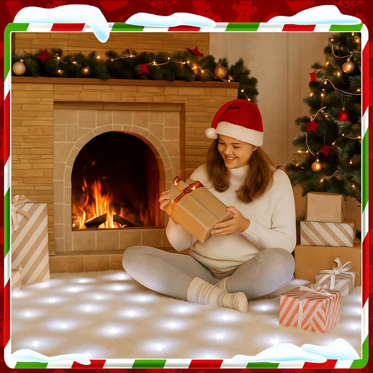 VIHOSE Christmas Snow Blanket with LED Lights String Pre Lit Artificial Fake Snow Blanket Roll Lighted Table Runner for Christmas Tree Village Display Winter Holiday Decor (White Light,94'' X 24'')