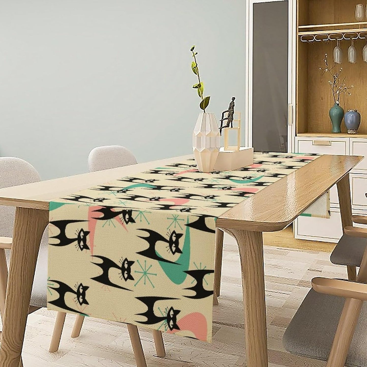 Mid Century Table Runner,Cat Geometric Stripe Colorful Abstract Pattern Print Tablecloth Burlap for Hotel Indoors Outdoor Dining Room Kitchen Holiday Party, 13x60in