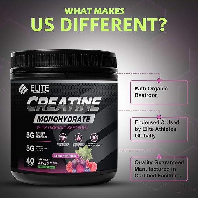 Elite Wellness Berry Flavor Creatine Monohydrate with Organic Beetroot Supplement - Supports Muscle Strength, Stamina, Cognitive Function & Athletic Performance, Gluten & Dairy Free, NSF Qualified