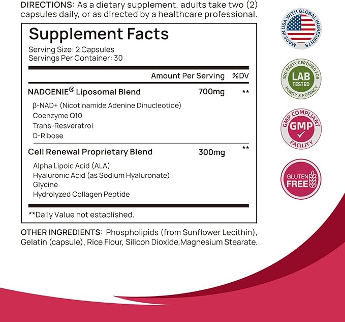 NAD Supplement Complex NMN Alternative - Liposomal NAD Resveratrol with β-NAD+, CoQ10, D-Ribose for Anti-Aging, Energy, Cellular Renewal and Radiant Skin Health - 60 Capsules
