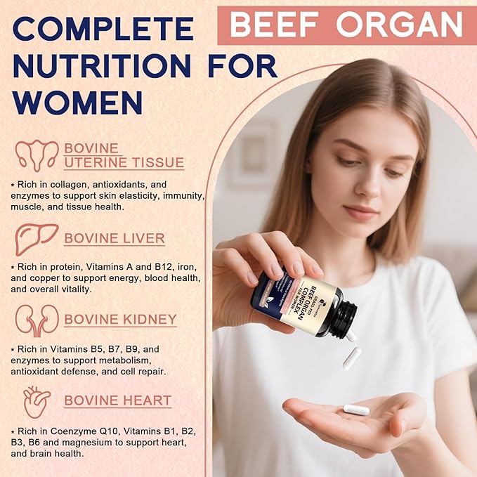 Female-Optimized Beef Organ Complex Superfood Supplement, Beef Liver, Kidney, Heart, Uterus & 6 More, Balance Hormones, Energy & Women's Overall Wellness, with Milk Thistle, Zinc, Grass-Fed, 60 Day
