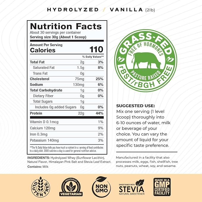 Muscle Feast Hydrolyzed Whey Protein Powder, Grass Fed and All Natural Hormone-Free, Hydro Whey Powder for Men and Women, Gluten Free, Non-GMO, Delicious Hydrolyzed Protein Powder, Vanilla, 2lb