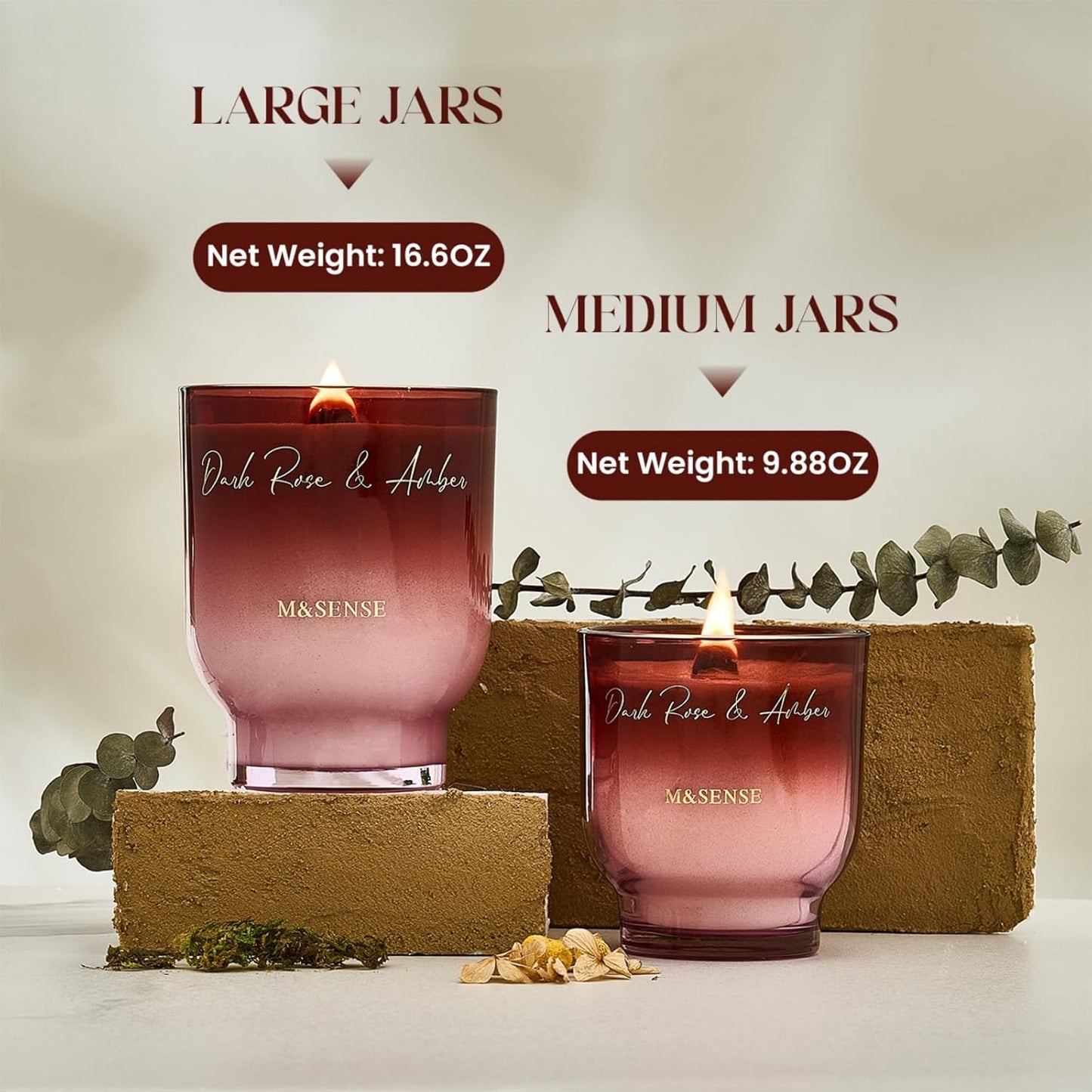 M&SENSE 9.88oz Natural Soy Wax Jar Candle with Wooden Wick | Dark Rose Amber Scent | 55-Hour Burn & Long-Lasting Burn | Housewarming Gift for Men and Women