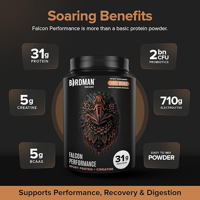 Falcon Performance Vegan Protein Powder, 31g Protein, 5g Creatine, 5g BCAA, Probiotics, Electrolytes, Pre Workout, Low Carb, Sugar Free & Dairy Free, Plant Based Chocolate Protein -19 servings