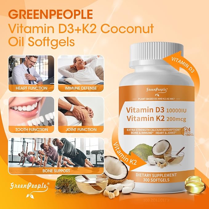 K2 D3 Vitamin Supplement, Vitamin D-3 & K-2 MK-7, 10,000 IU/200 mcg, with Virgin Non-GMO Coconut MCT Oil | 300 Vegan Softgels | Bone Health, Immune Support