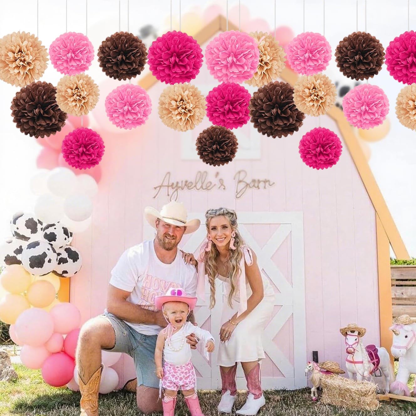 Capesaro Pink and Brown 12PCS Paper Pom Poms Party Decorations for Western Cowgirl Birthday Retro Rodeo Party, Hanging Tissue Paper Flowers for Engagement,Wedding,Baby Shower