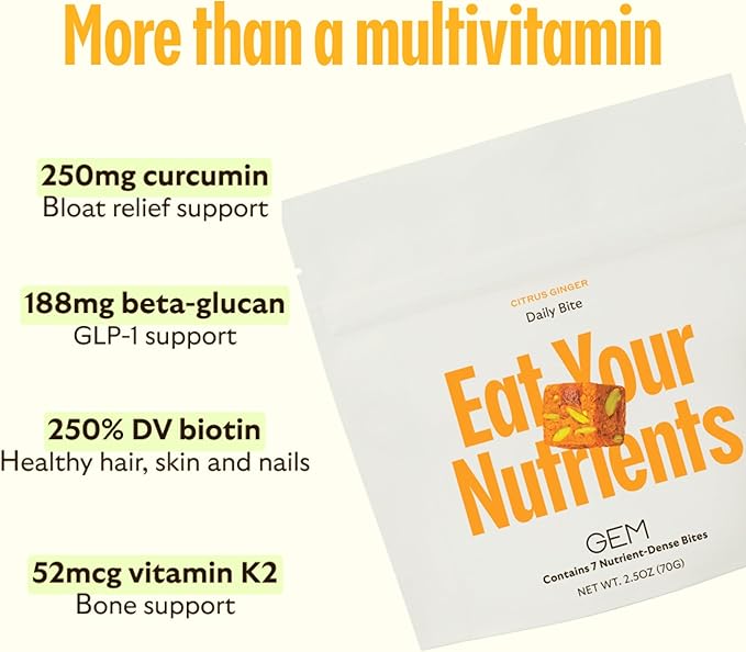 GEM Daily Multivitamin for Women & Men, 20+ Vitamins & Minerals zinc, Vitamin D, B, K, Folic Acid, Turmeric, Beta Glucan GLP-1 booster, Supports Gut, Skin, Brain, Immunity (Citrus Ginger, 28 Servings)