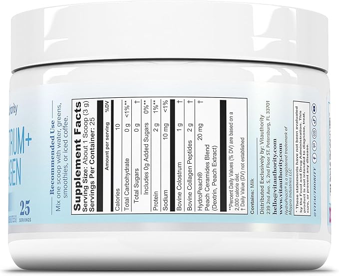 Colostrum Collagen Peptide Protein Powder Hydrolyzed HydroPeach Gut Health, Skin & Immune Support | 1g Bovine Colostrum 2g Collagen Peptides 20mg Peach Ceramides Blend Unflavored 25 Servings, No Sugar