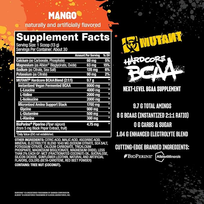 Mutant Hardcore BCAA - Pre, Intra or Post Workout – BCAA Next Level branched-Chain Amino Acids Supplement – Hydration + Recovery - 30 Serving - Mango