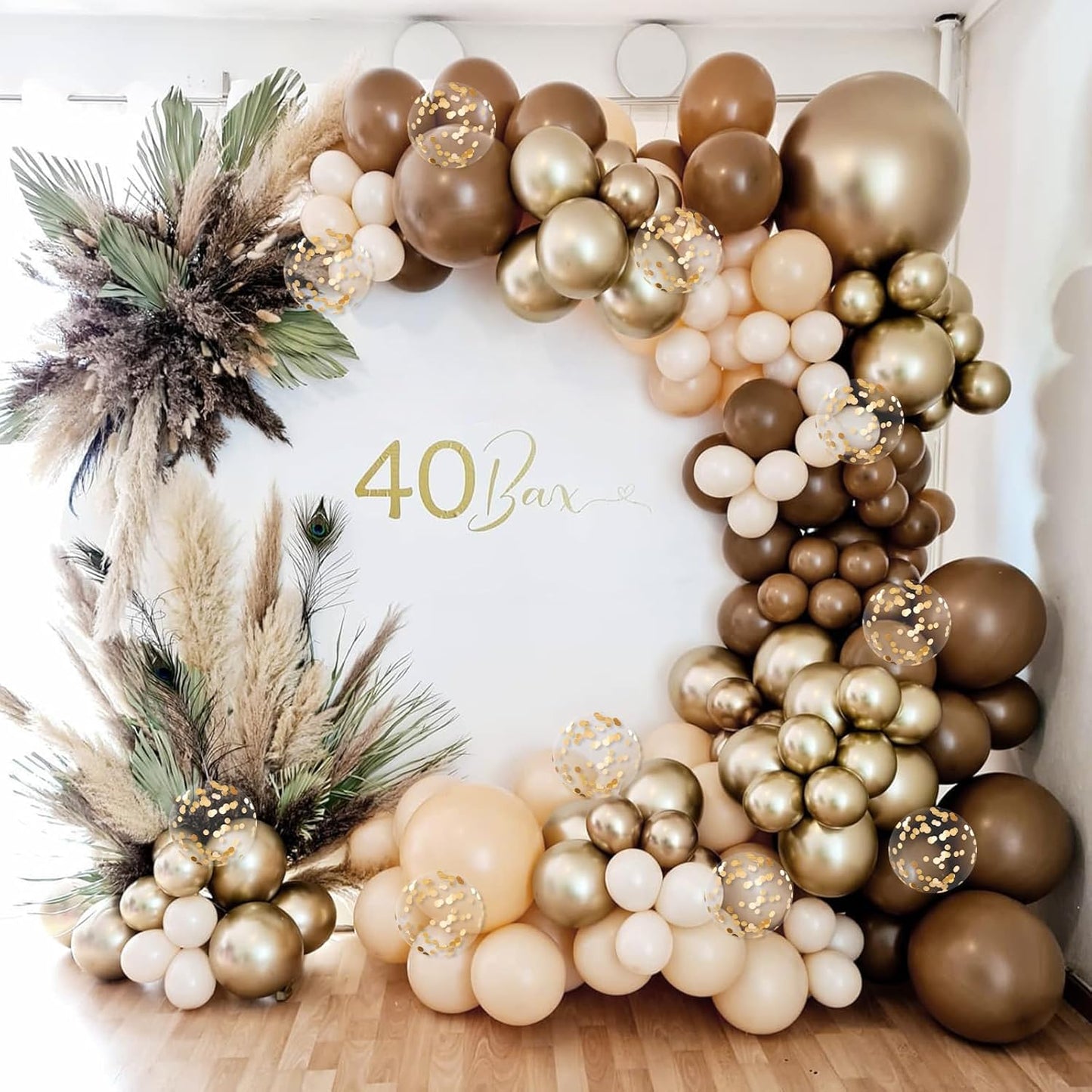 60pcs Brown and Gold Balloons for Neutral Bridal Shower, Birthday, Baby Shower Party Decorations - Light Sand White Confetti Balloons