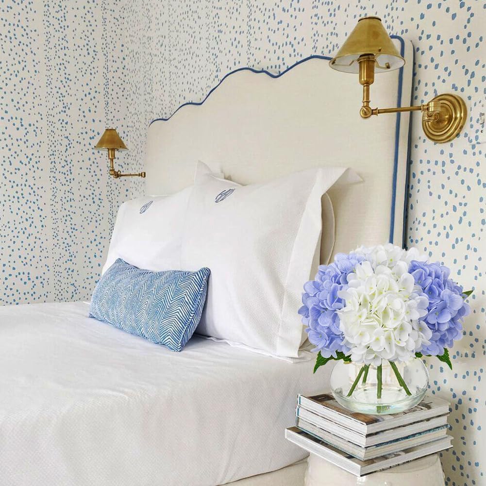 Hollyone Hydrangea Artificial Flowers with Vase White & Blue Silk Fake Flowers Arrangements in Glass Vase with Faux Water Faux Floral Bulk Bouquet Bathroom Table Centerpiece Shelf Home Decor